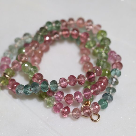 Afghani Tourmaline Pastel Pink Greens and Blues Knotted Candy Bead Necklace 14k - Picture 2 of 9